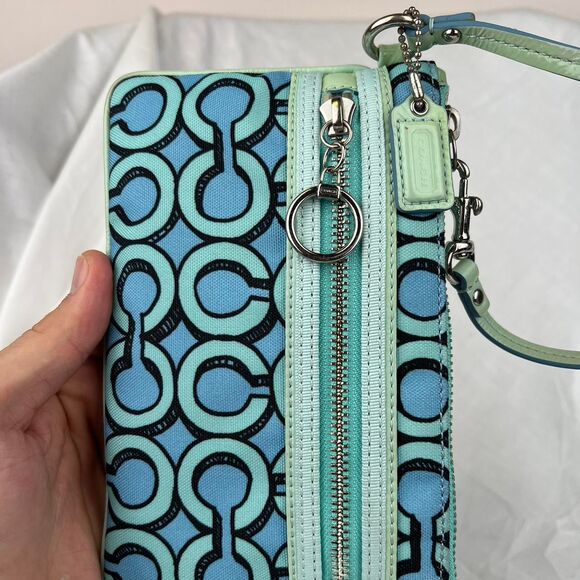 Coach Poppy 3D Art Blue & Teal Wristlet with zipper closure and wrist strap - Picture 3 of 6